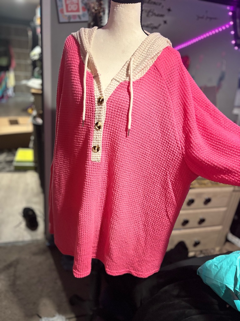 Nwot Hot Pink Over-Sized Waffle Knit Hooded Pullover With Cream Trim M